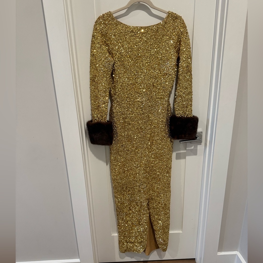 1960s Gene Shelly's Gold Sequin Keyhole Long Bell Sleeve Vintage Wool 60s Gown - Picture 4 of 17